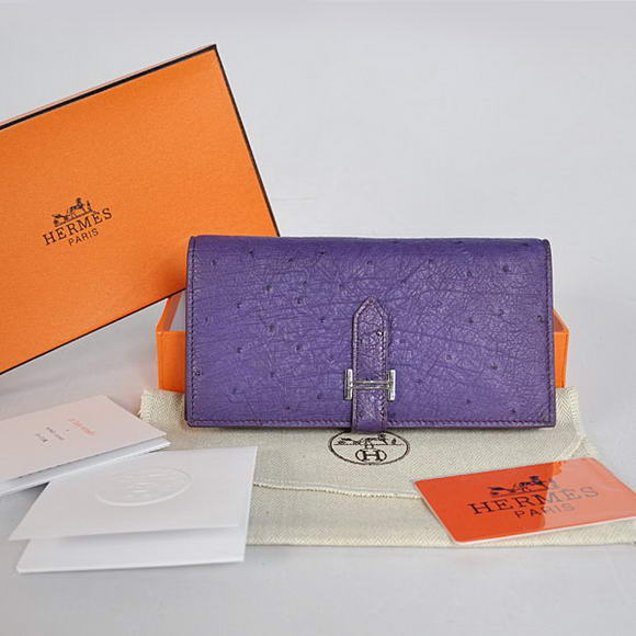 High Quality Hermes Bearn Japonaise Ostrich Leather BI-Fold Wallet H208 Purpl Fake - Click Image to Close